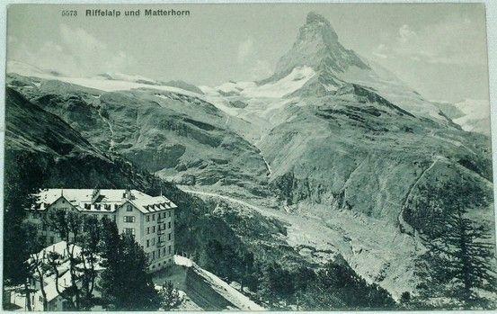 Alpy: hotel Riffelalp und Matterhorn (kolem r. 1910)