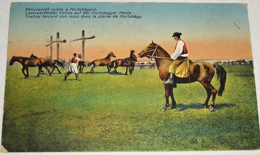 Maďarsko, Hortobágy: maďarští pastevci na koních (1915)