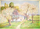 Karel Maršálek: Chalupa a kvetoucí stromy