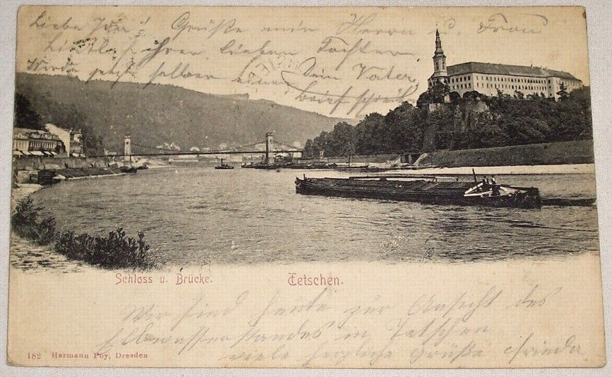 Děčín (Tetschen): most, zámek, člun na Labi 1904