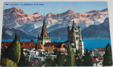 Švýcarsko: Lausanne, katedrála, v pozadí Alpy, 1936